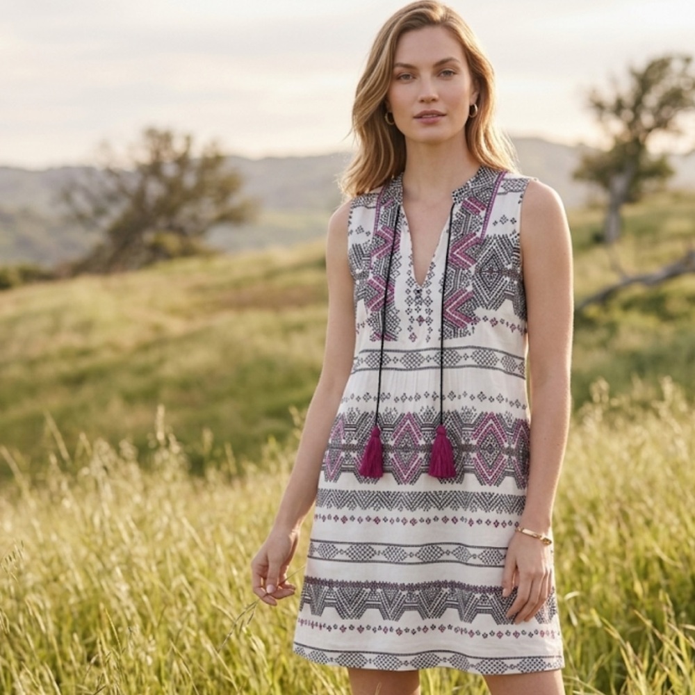 Lola Australia Morocco White Navy Pink Embroidered Oversized Tassel Dress XL